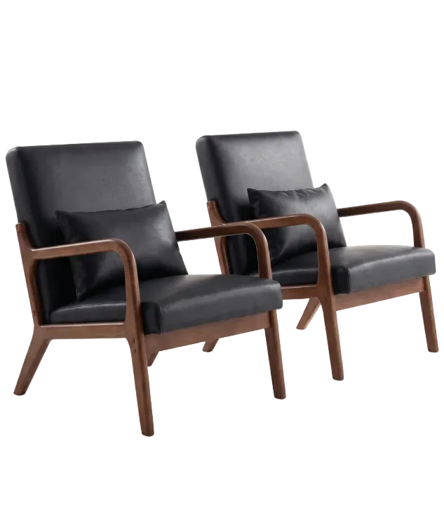 Two black leather armchairs with wooden frames on a white background