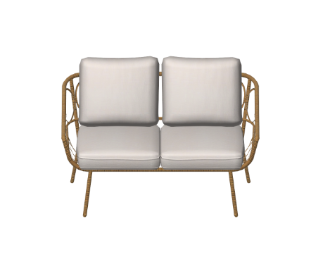 A loveseat with a bohemian and eclectic style.