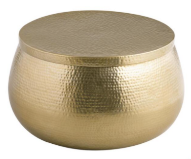 A coffee table with a gold metal frame.